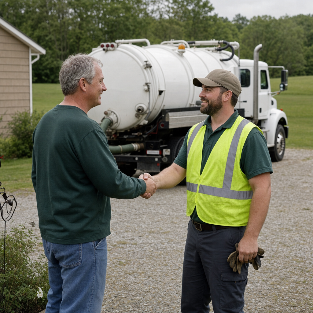 A septic technician shaking a Garland homeowner's hand beside the service truck after a completed pump-out