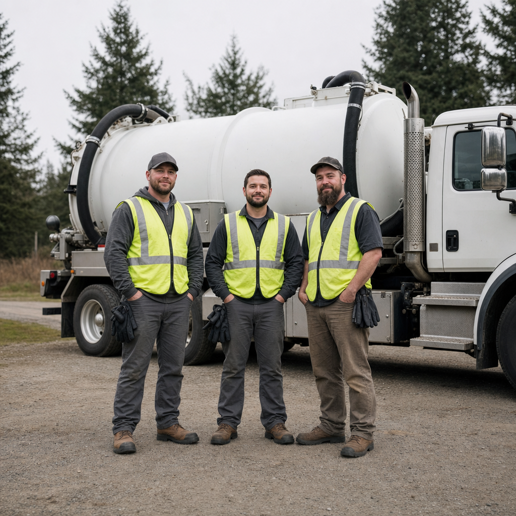 The Garland septic pumping crew standing together beside their clean white vacuum truck on a residential street