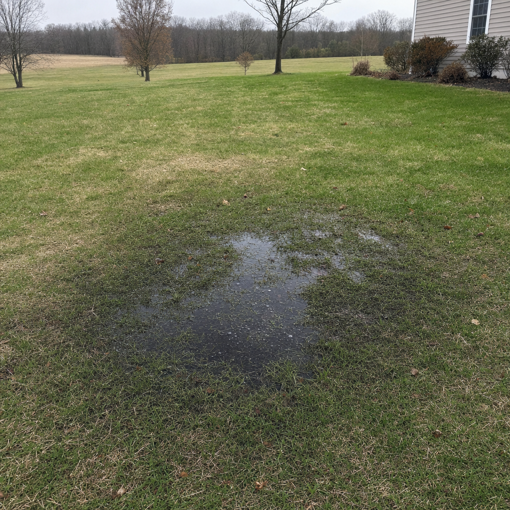A dark, saturated wet spot in a Garland backyard lawn marking a failing cesspool at capacity