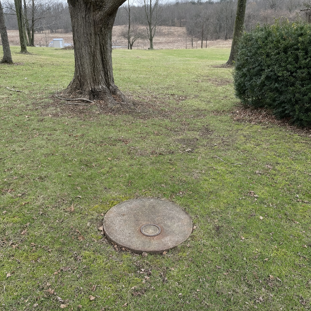 An older round cesspool access lid set flush in an established, mature Garland backyard lawn