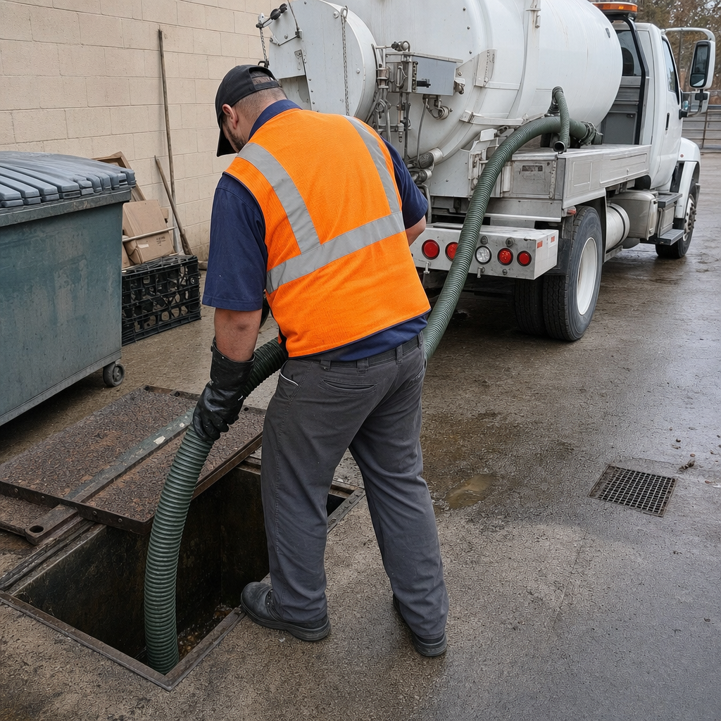 Technician pumping a grease trap behind a Garland restaurant