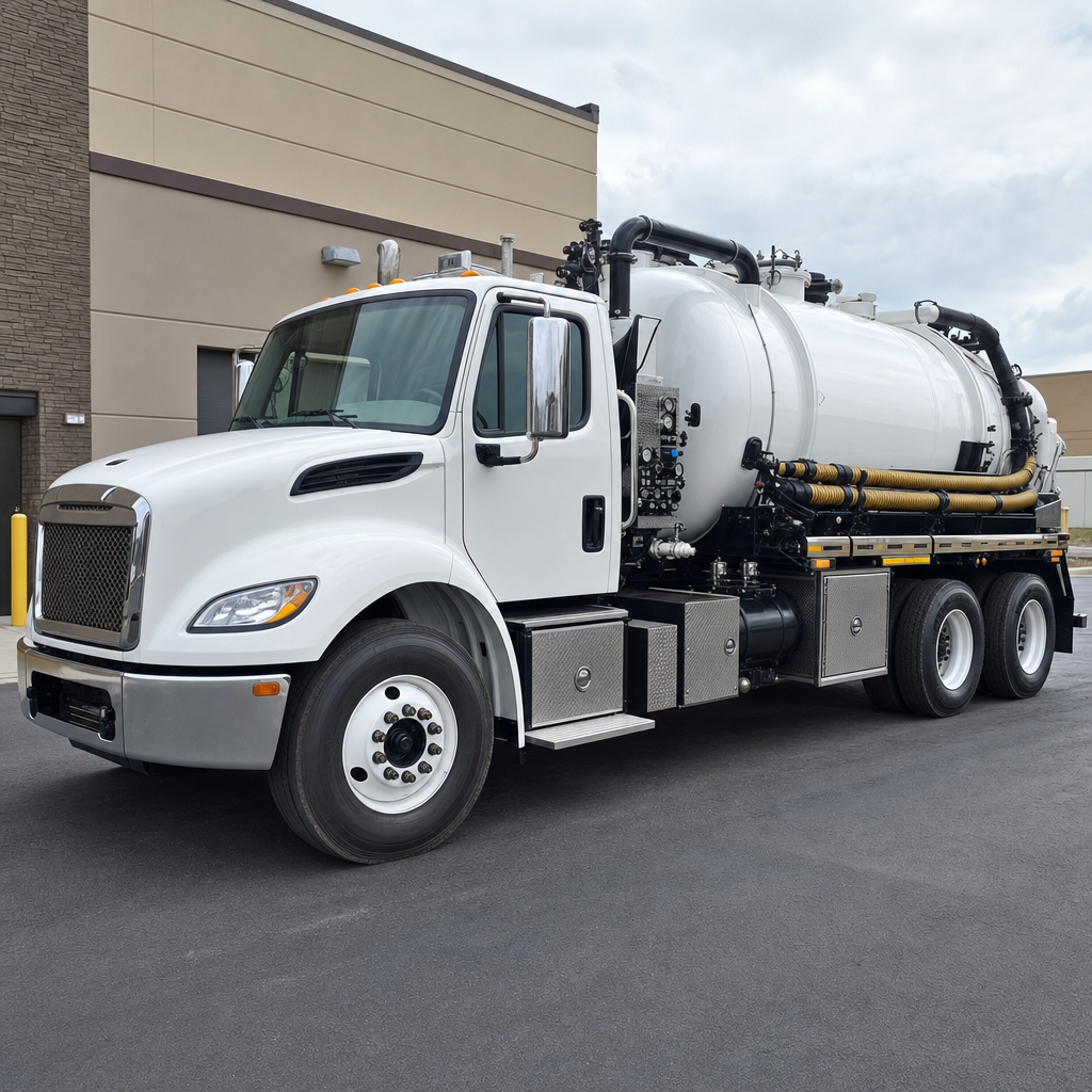 Commercial septic vacuum truck parked in a Garland business parking lot