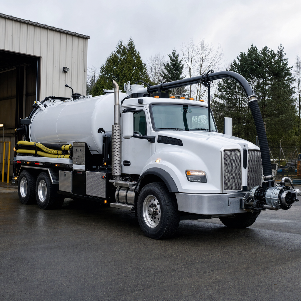 A clean white septic vacuum truck rolling out of a tidy Garland service depot at the start of the day