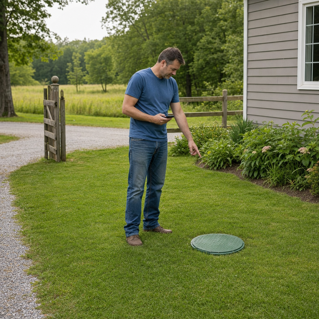 A Garland-area homeowner standing in the backyard noting where the septic tank lid and access route are located