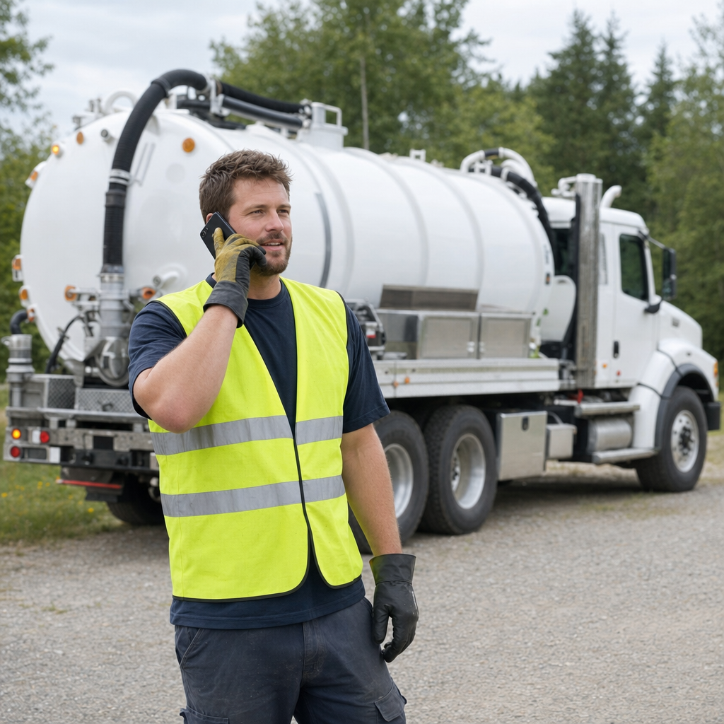 A friendly septic dispatcher holding a phone, ready to answer a Garland homeowner's call about a pump-out