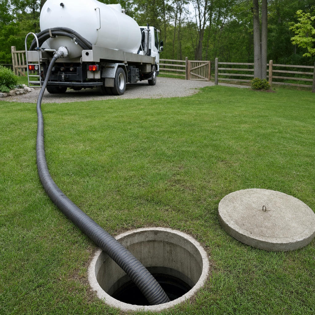 Suction hose connected to an open septic tank, drawing it down in a tidy Garland yard