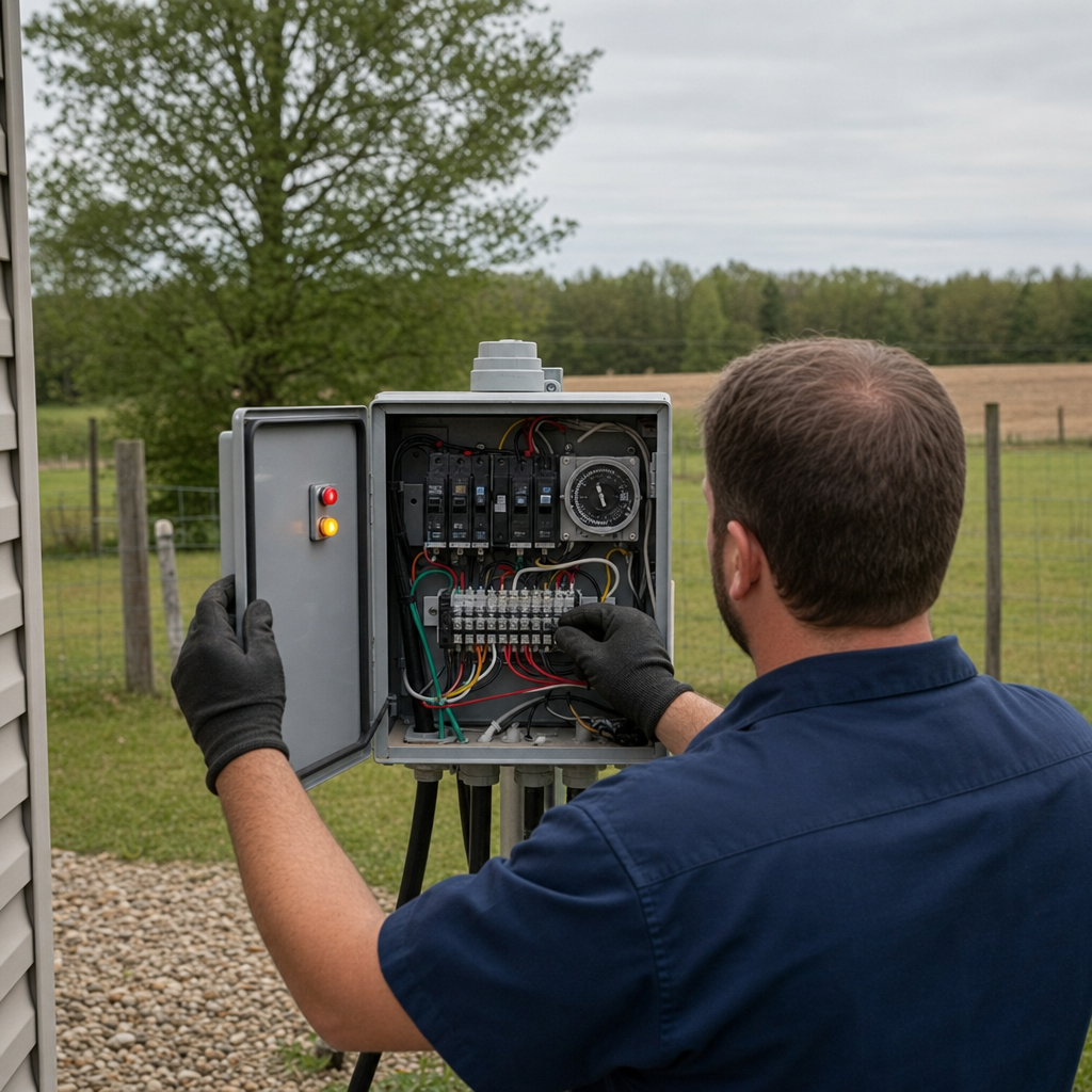 Technician checking an aerobic septic control box with a lit red high-water alarm during a same-day Garland visit