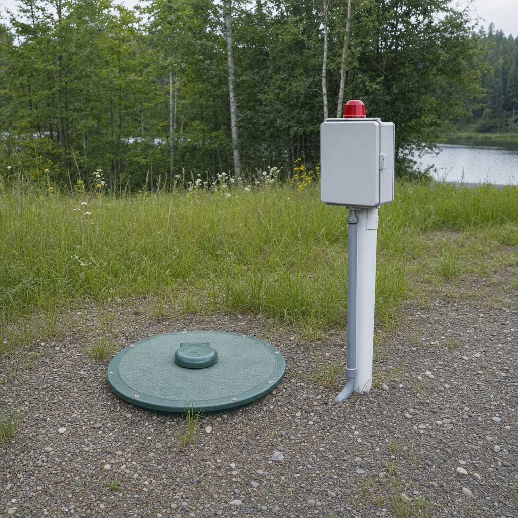 A wastewater holding tank access lid set in the ground at a rural Garland-area cabin, with a mounted high-level float alarm panel nearby