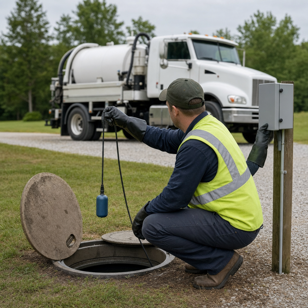 A septic technician in a high-visibility vest checking a high-level float switch and alarm panel on a holding tank at a rural Garland-area site