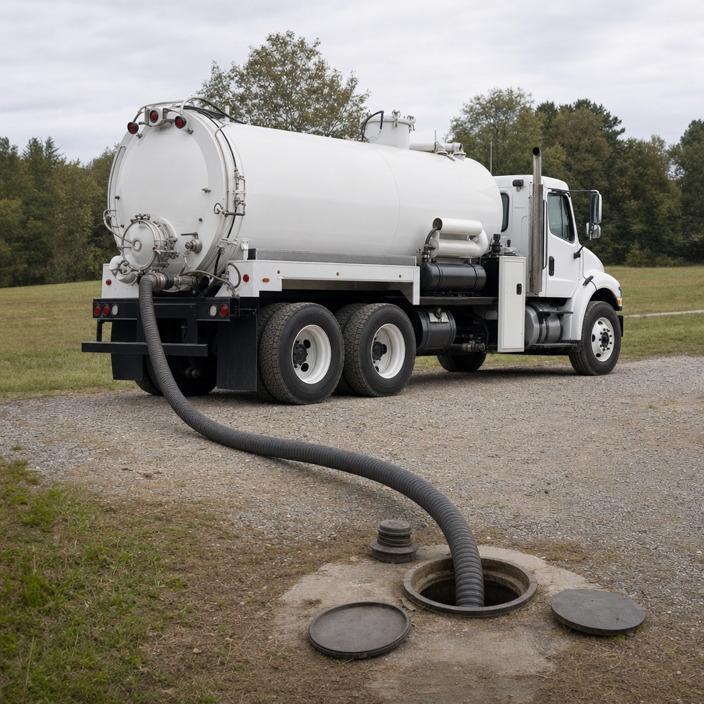 An unmarked white vacuum truck emptying a wastewater holding tank on a scheduled visit at a rural Garland-area property, thick suction hose running to the tank lid