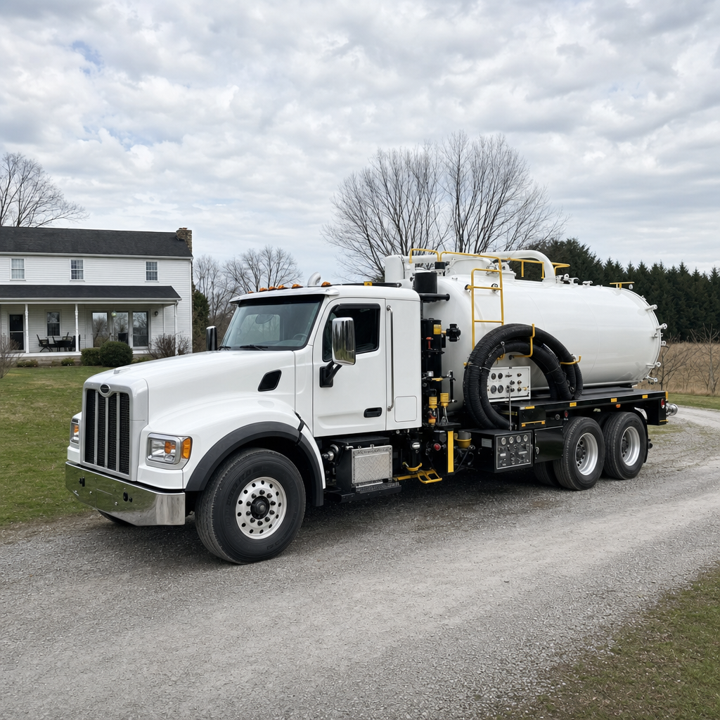 A clean white septic vacuum truck parked on a tidy Garland driveway with the suction hose neatly coiled