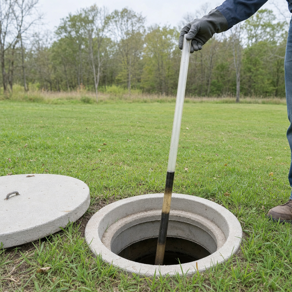 A septic sludge-judge measuring stick lowered into an open Garland septic tank to read the depth of the sludge and scum layers before deciding whether a pump-out is due