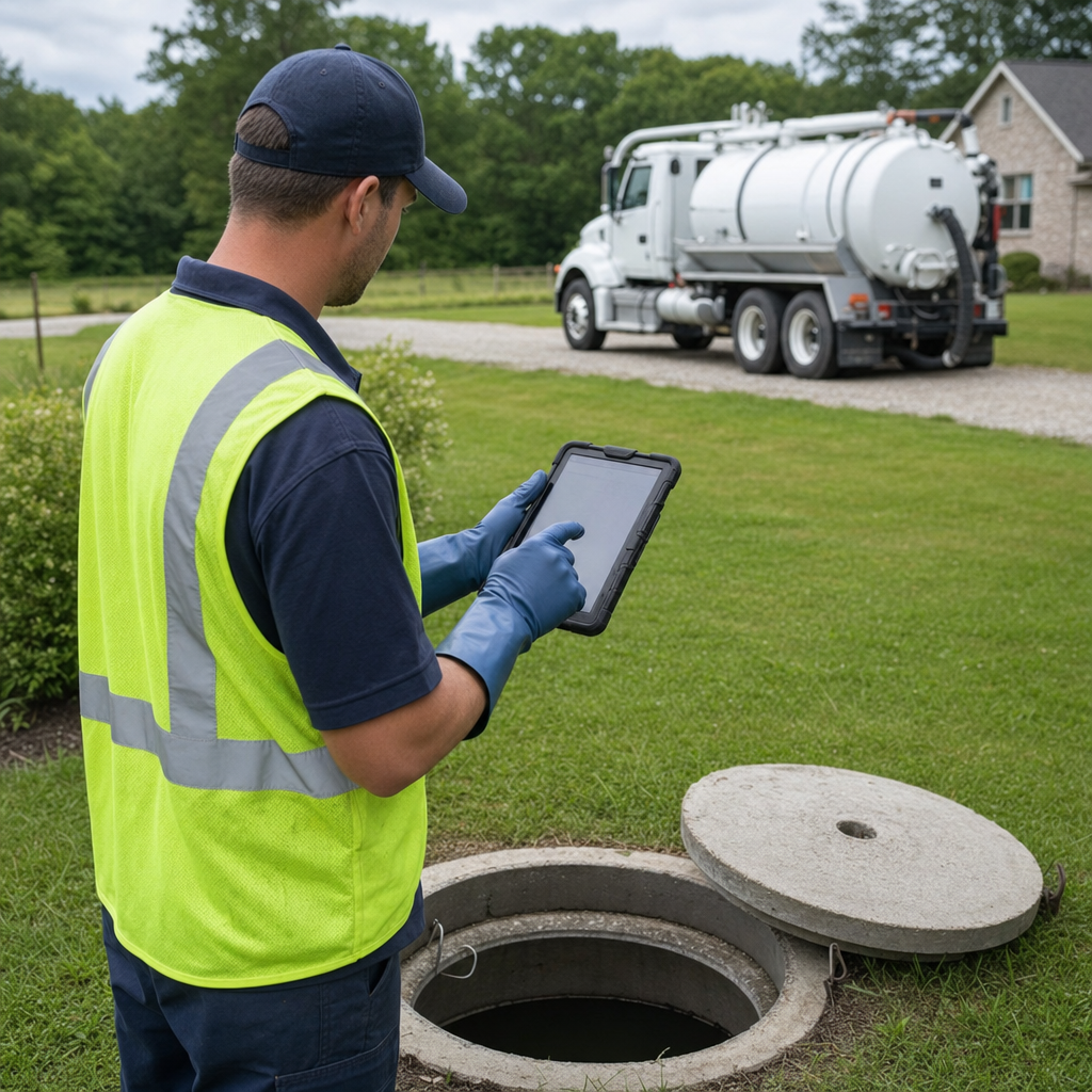 A septic technician recording a Garland home's pump-out date and tank condition on a tablet beside an open access lid, tracking the service history that sets the next due date