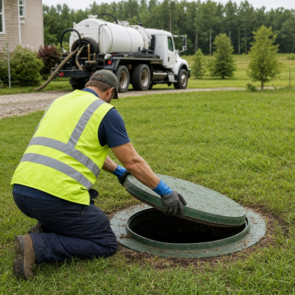 Septic technician kneeling on a Garland lawn, lifting the access lid on a residential septic tank