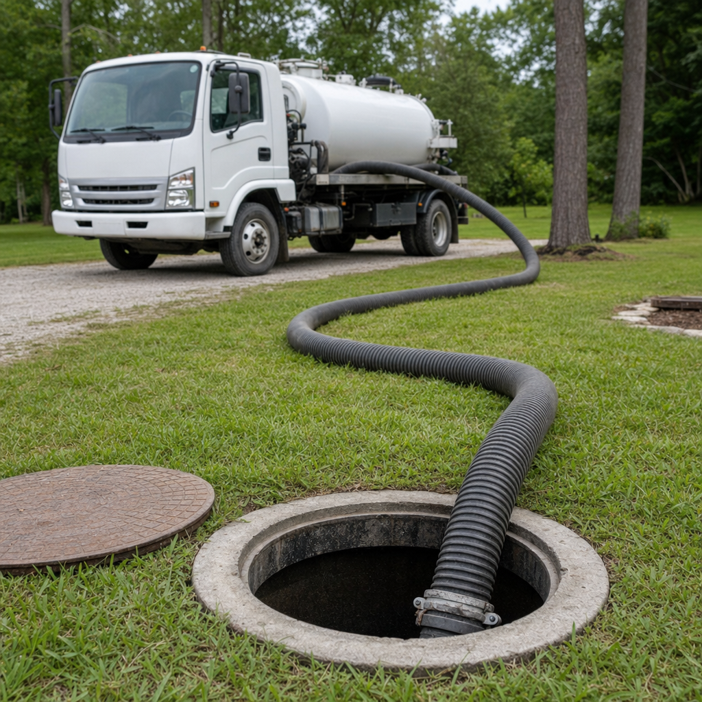 Thick ribbed suction hose lowered into a clean open septic tank port on a tidy Garland backyard lawn