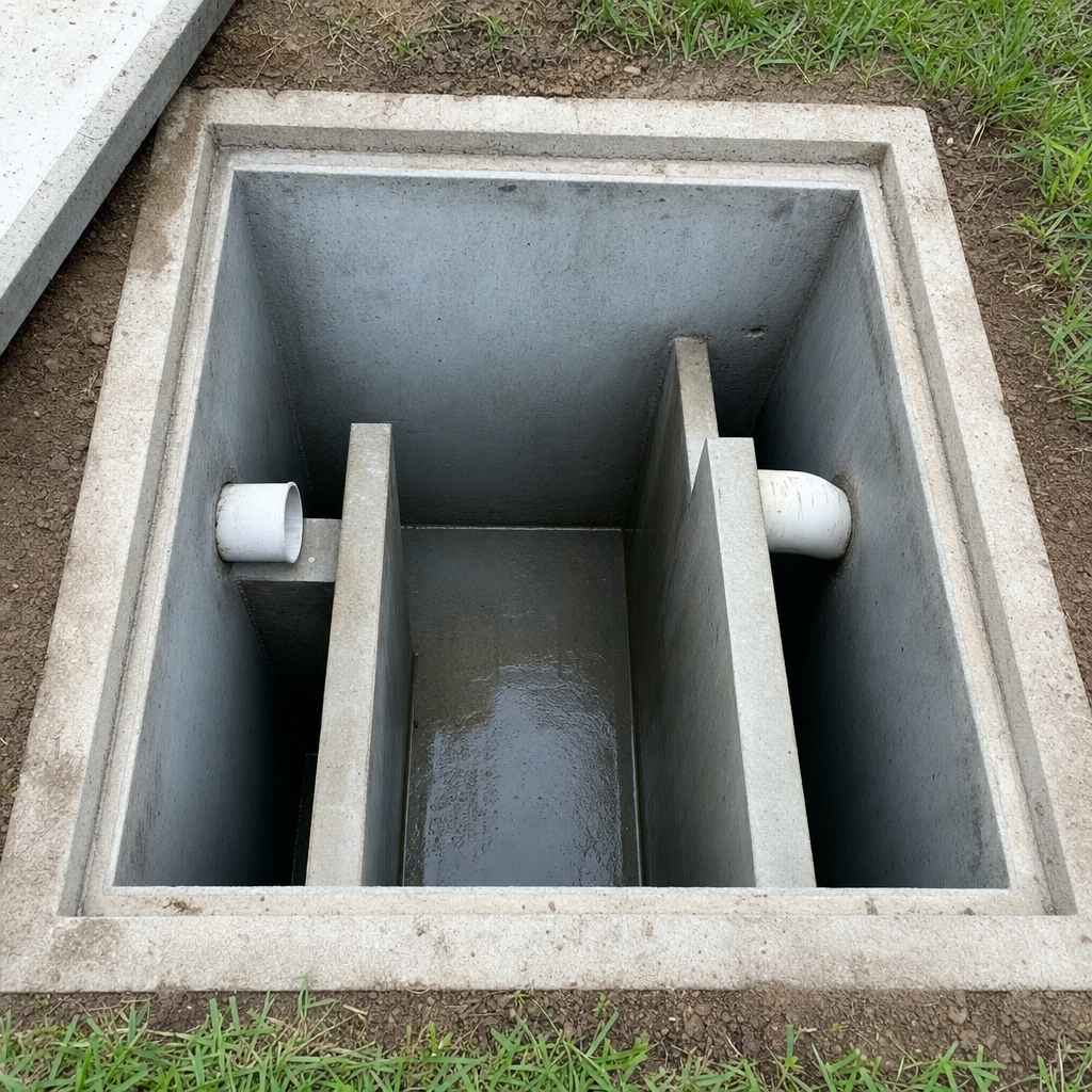 Inspection of the concrete baffles inside an open, emptied and freshly cleaned Garland septic tank