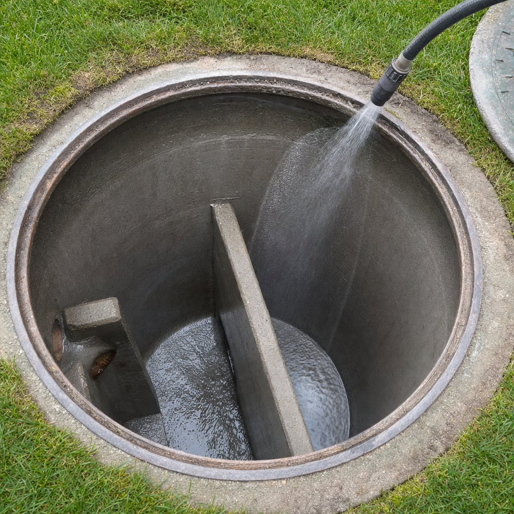 Interior concrete walls of an emptied Garland septic tank being rinsed clean with the truck's onboard water hose