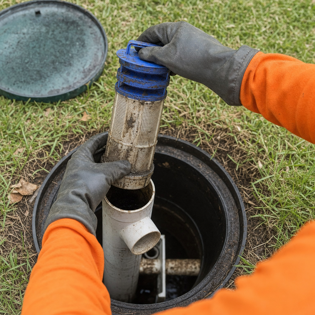 Septic technician's gloved hands lifting the effluent filter cartridge out of the outlet housing on a Garland septic tank