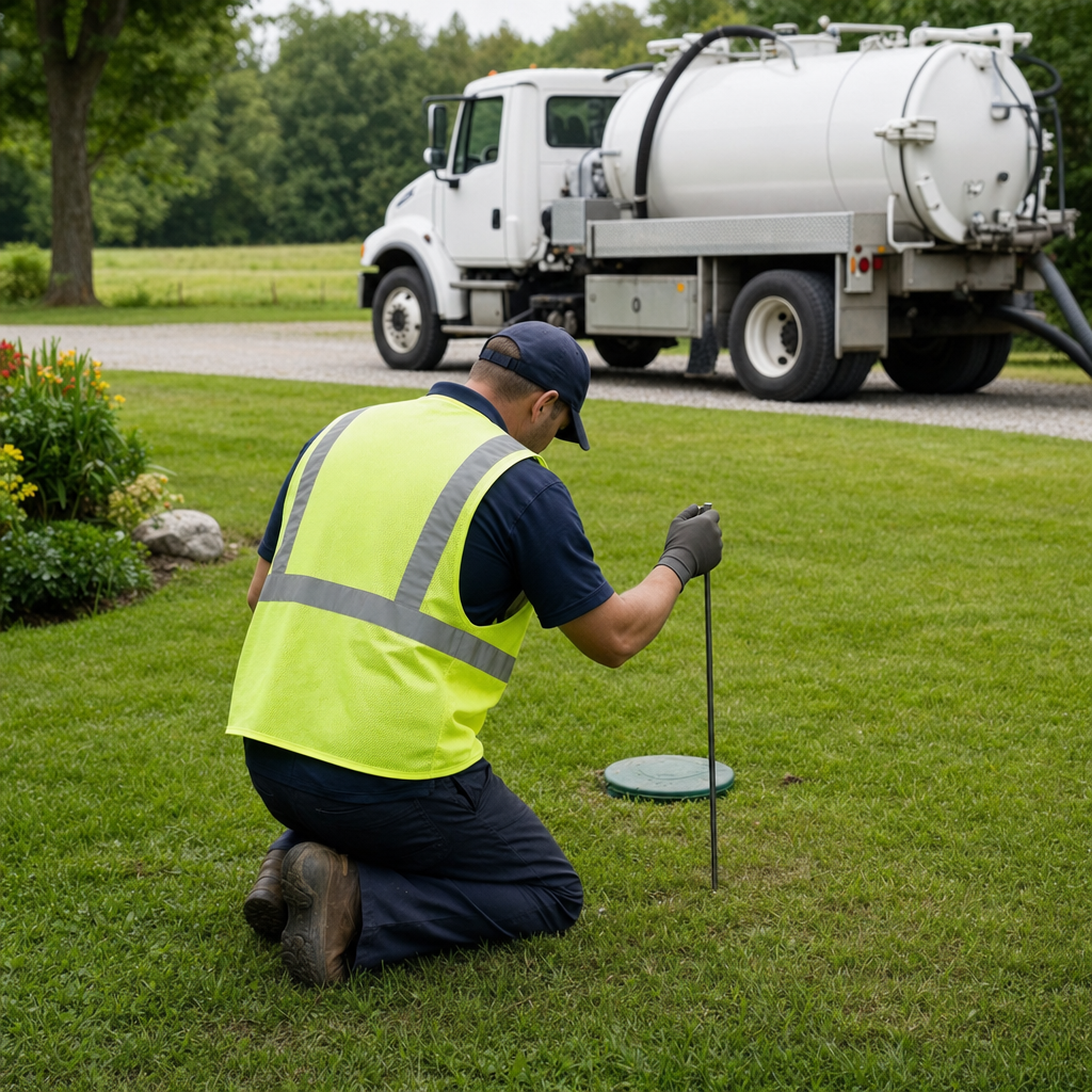 Septic technician kneeling on a Garland lawn, probing to locate and measure the depth of a buried septic tank lid before pumping