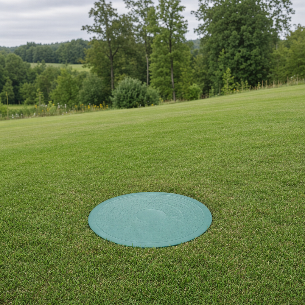 A newly installed septic riser bringing the tank lid up flush to grade in a Garland yard for easy future access