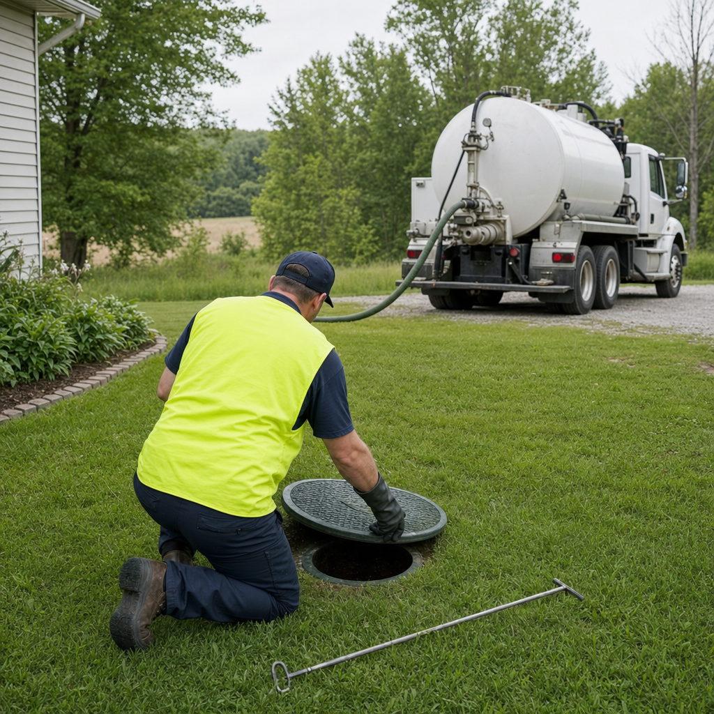 Septic technician kneeling on a Garland lawn, lifting the buried access lid on a residential septic tank