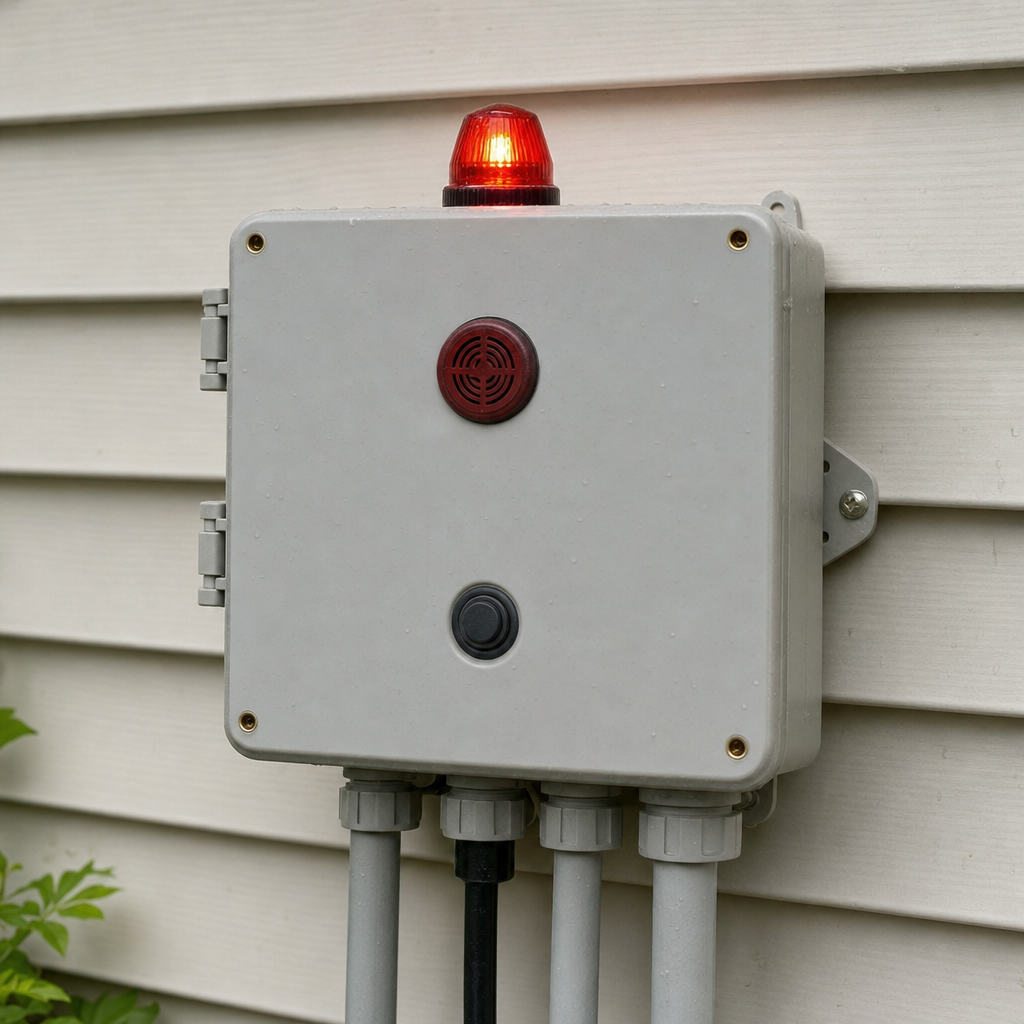 An aerobic septic system control panel mounted outside a Garland home with its red high-water alarm light lit