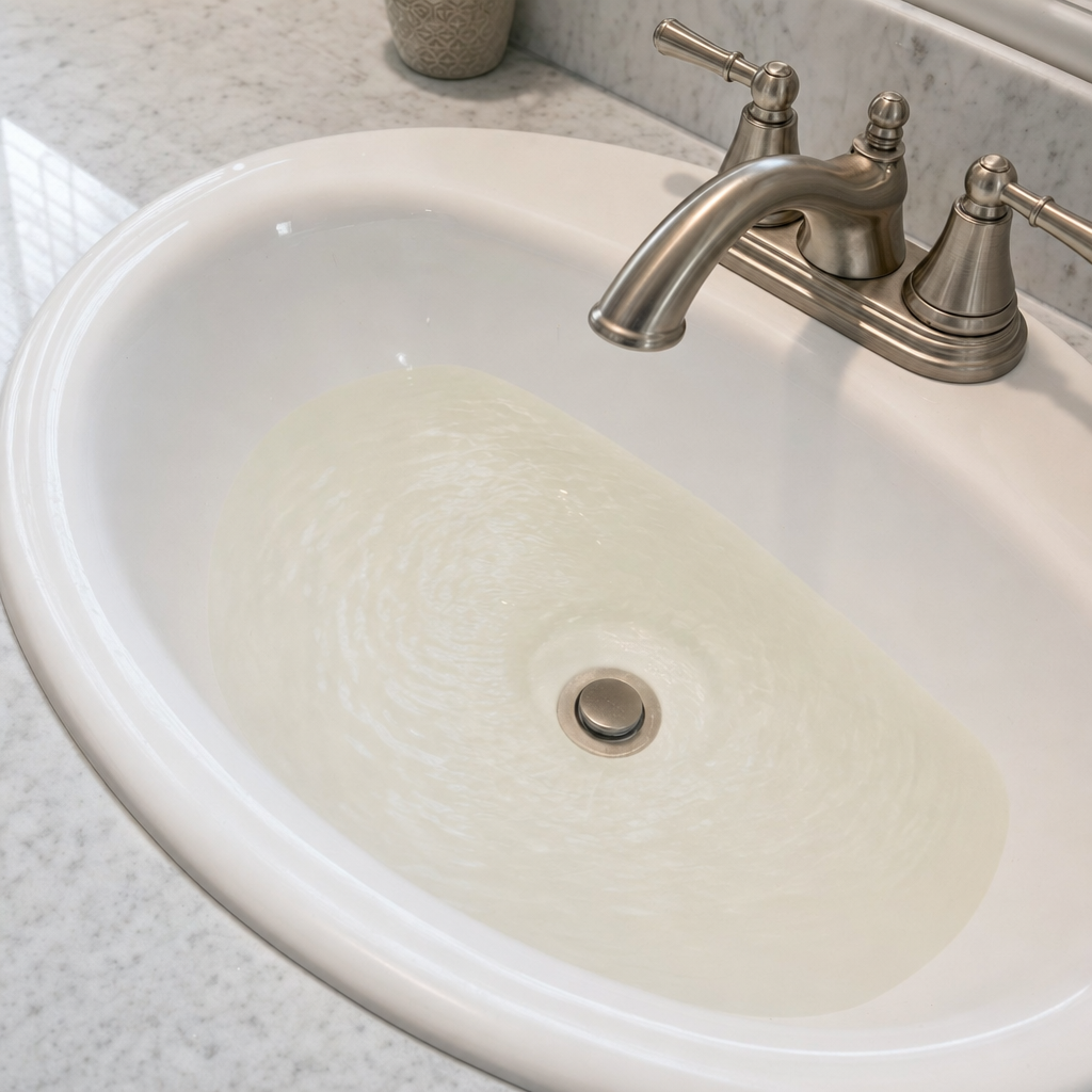 A bathroom sink draining slowly with water pooled in the basin, an early warning sign that a Garland septic tank is full
